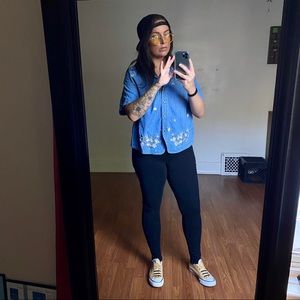 Floral embroidered denim button down